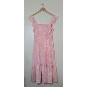 BCBG Paris Ruffle Strap Tiered Midi Dress Womens Size Small Dot Print Pink Peach
